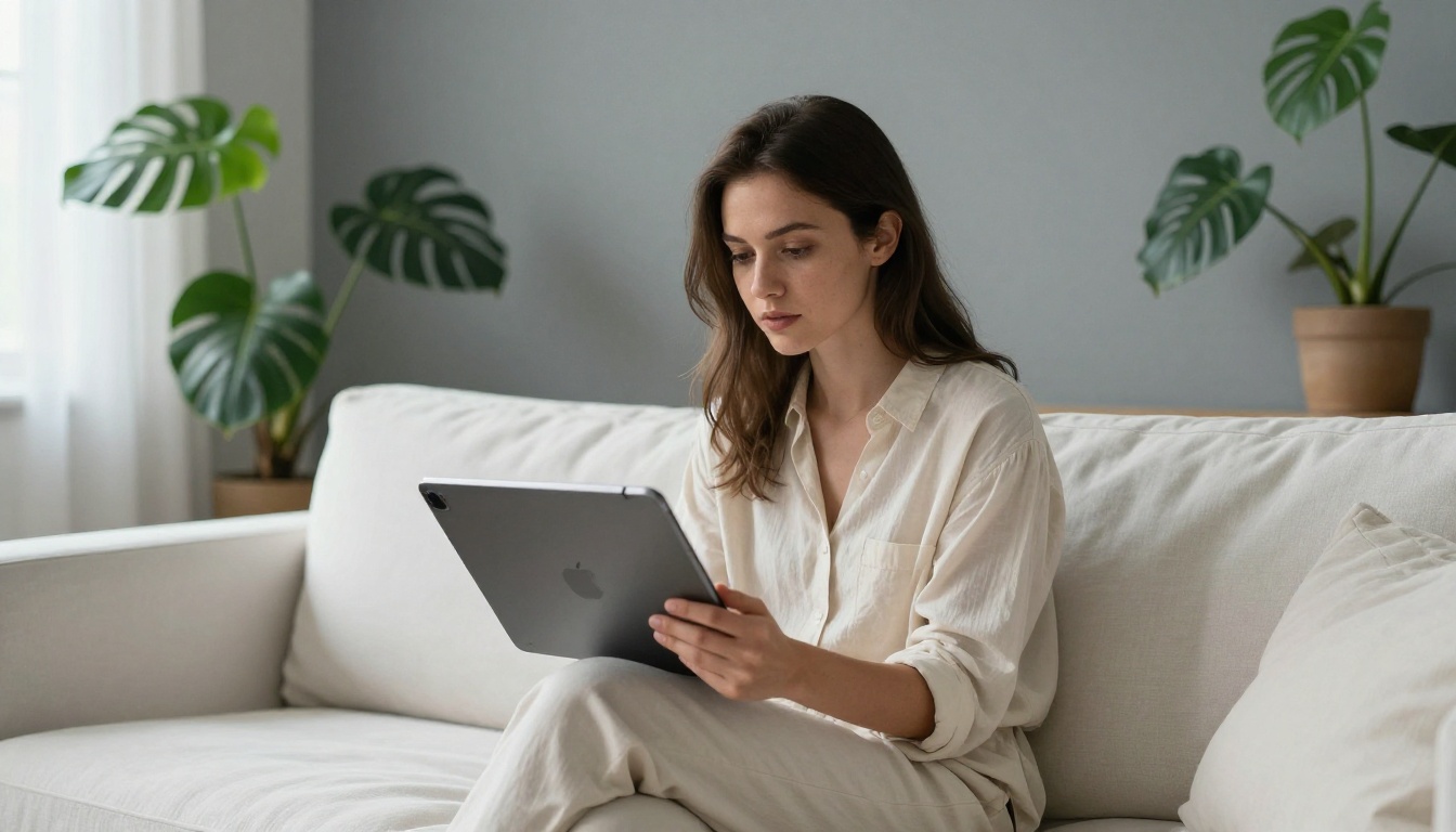 Creative director reviewing AI-generated video frames on a tablet in a minimalist studio