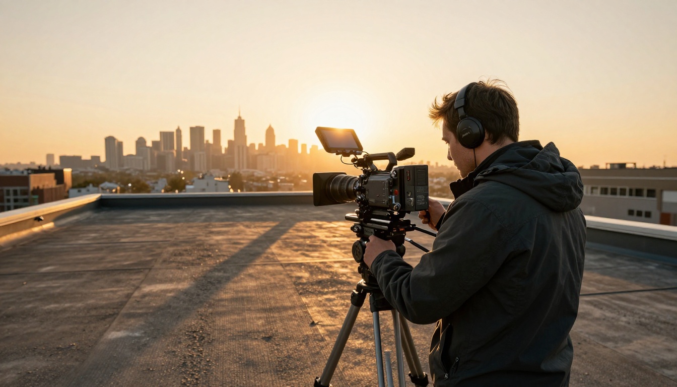 Aerial view of a cinematographer on a rooftop at golden hour with city skyline