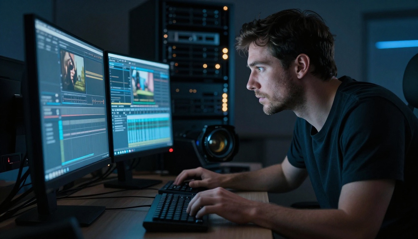 Video editor working at dual-monitor post-production setup with blue screen glow