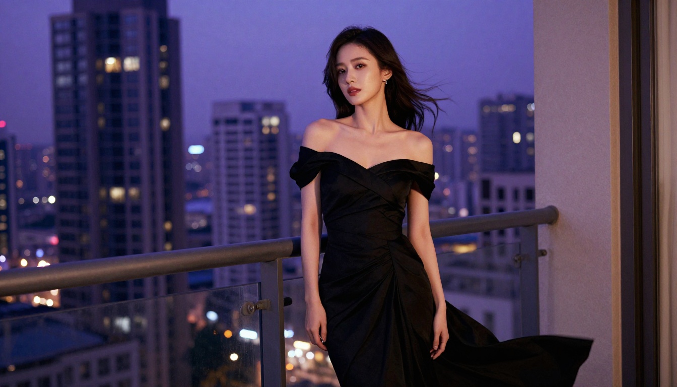 Woman in elegant black dress on a high-rise balcony at dusk with city lights below Woman in elegant black dress on a high-rise balcony at dusk with city lights below