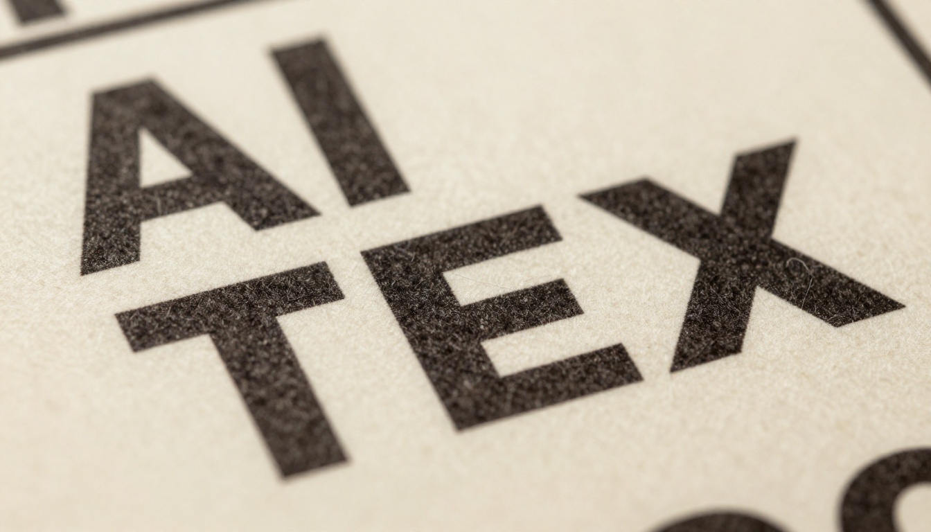 Macro close-up of a typographic poster with bold AI TEXT letters in charcoal on cream cotton paper