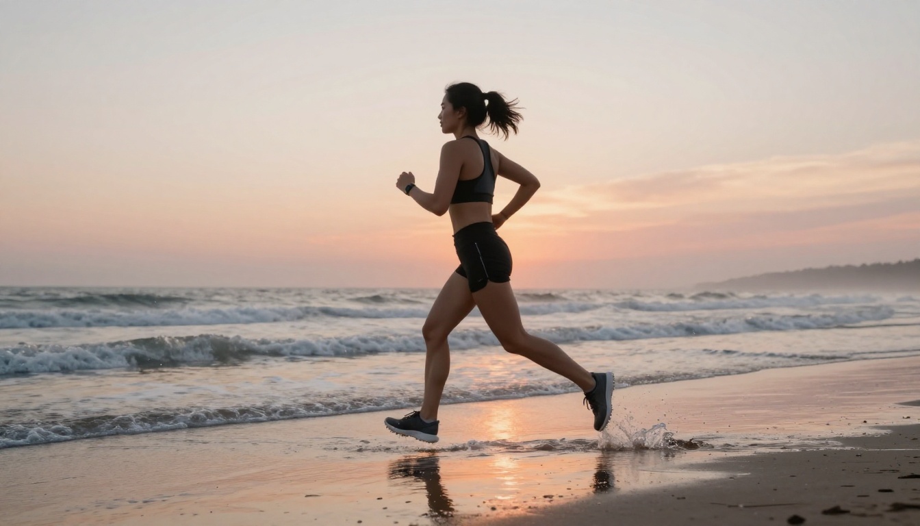 Woman jogging along a beach shoreline at sunrise with wave reflections on wet sand Woman jogging along a beach shoreline at sunrise with wave reflections on wet sand
