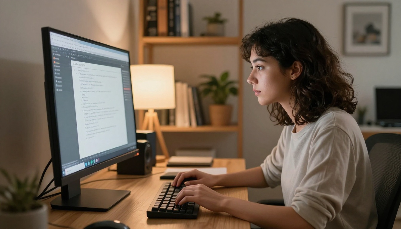 Young woman working at a modern wooden desk with an AI text-to-image interface on her monitor