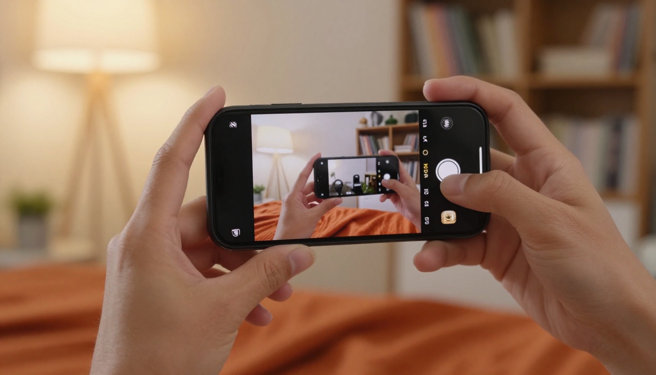 Hands holding a smartphone showing a paused video frame in a warm home setting Hands holding a smartphone showing a paused video frame in a warm home setting