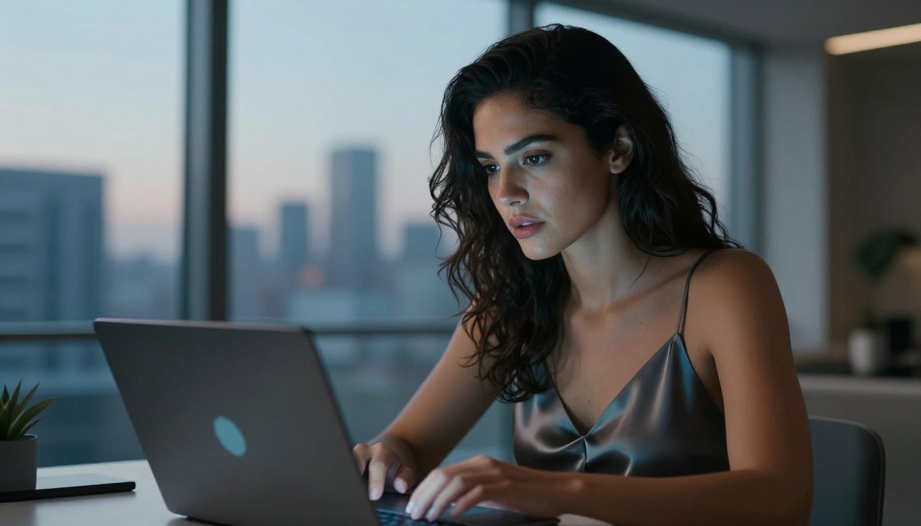 Confident woman using an AI platform on a laptop, soft blue screen glow lighting her face in a modern apartment