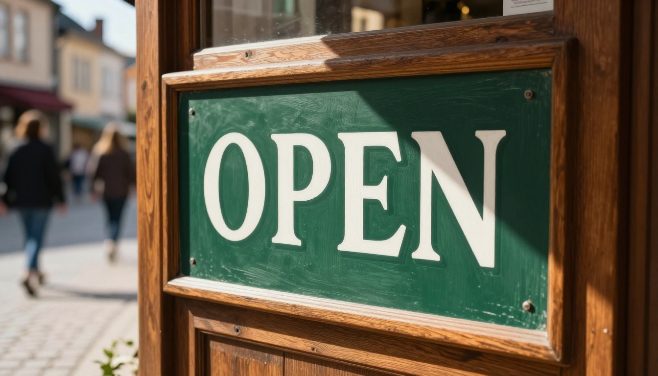Charming European café storefront with a hand-painted OPEN sign in white letters on dark green lacquered wood