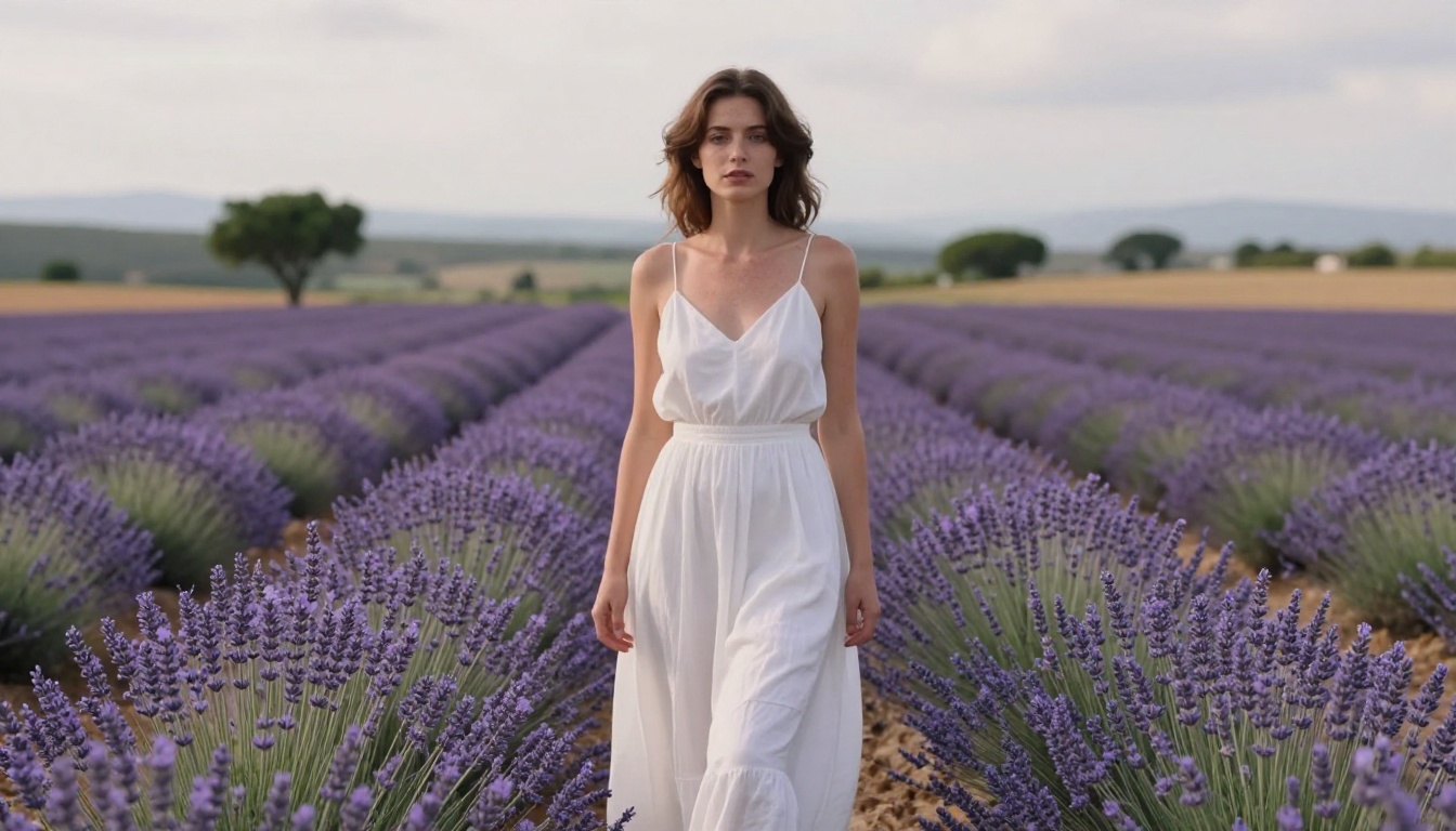 Elegant model in white sundress standing in a lavender field in Provence at mid-morning Elegant model in white sundress standing in a lavender field in Provence at mid-morning