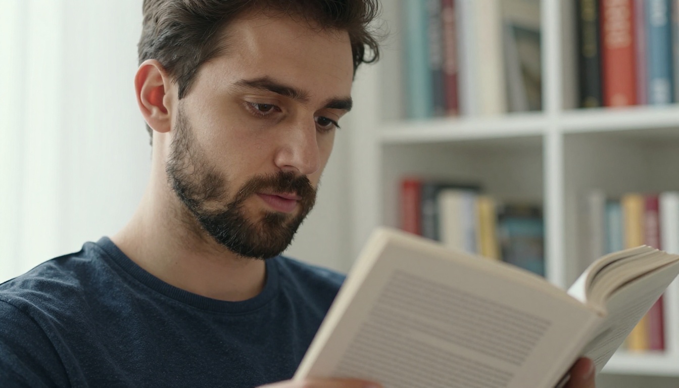 Focused man in his 30s reading a photography book with sharp text captions in a bright Scandinavian reading chair