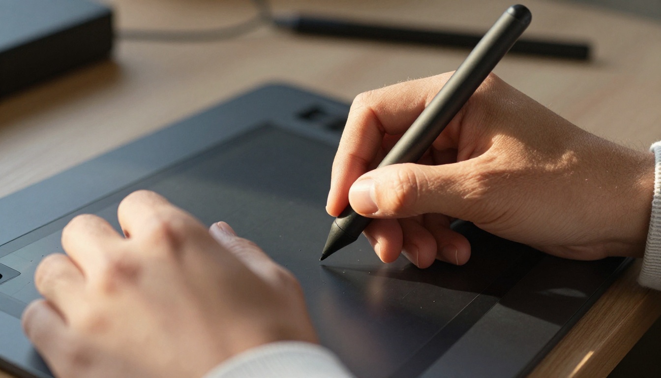 Close-up of designer hands resting on a Wacom tablet, warm afternoon light, Kodak Portra 400 grain