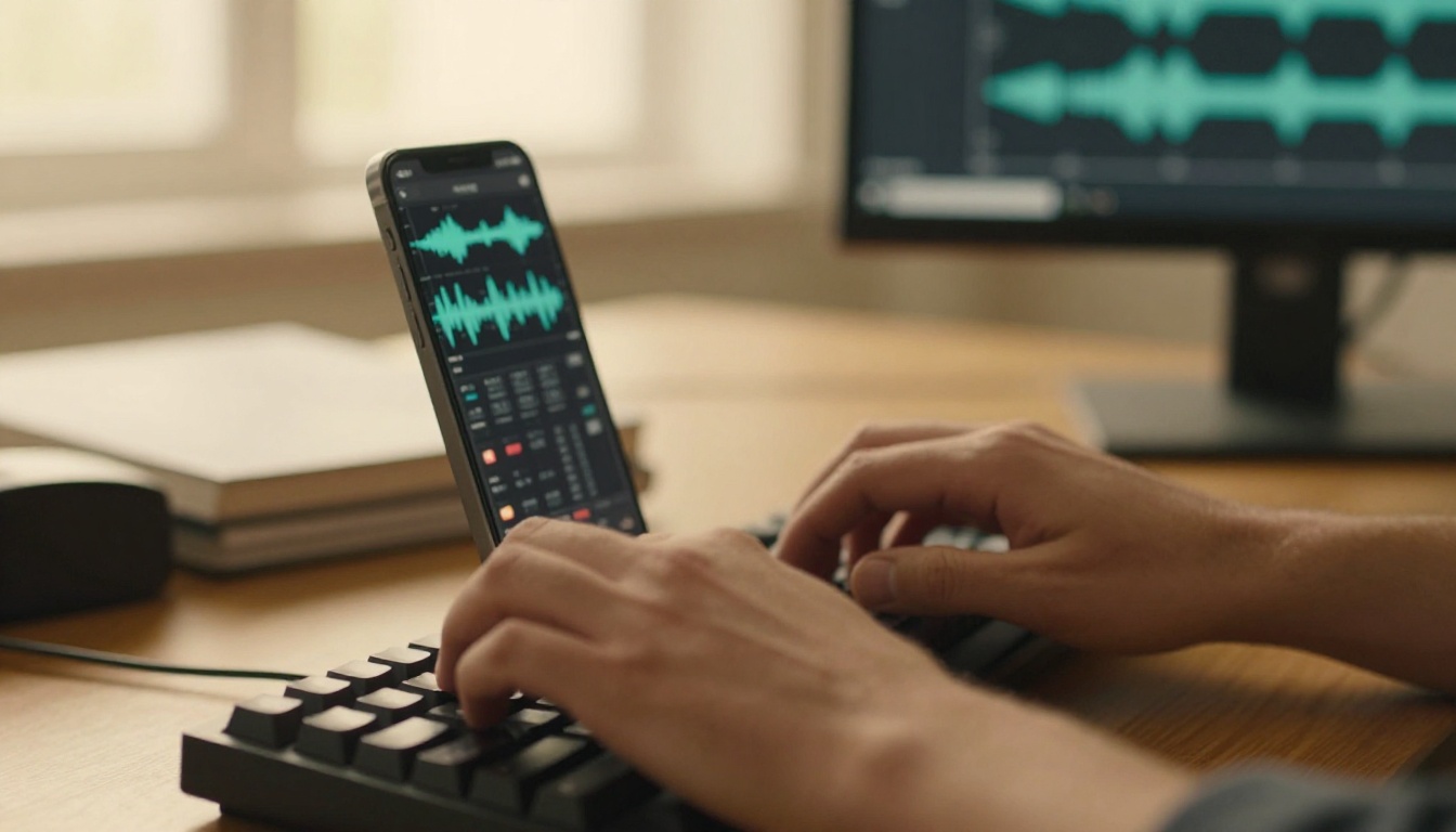 A man types a video prompt on a keyboard while a monitor displays audio waveforms