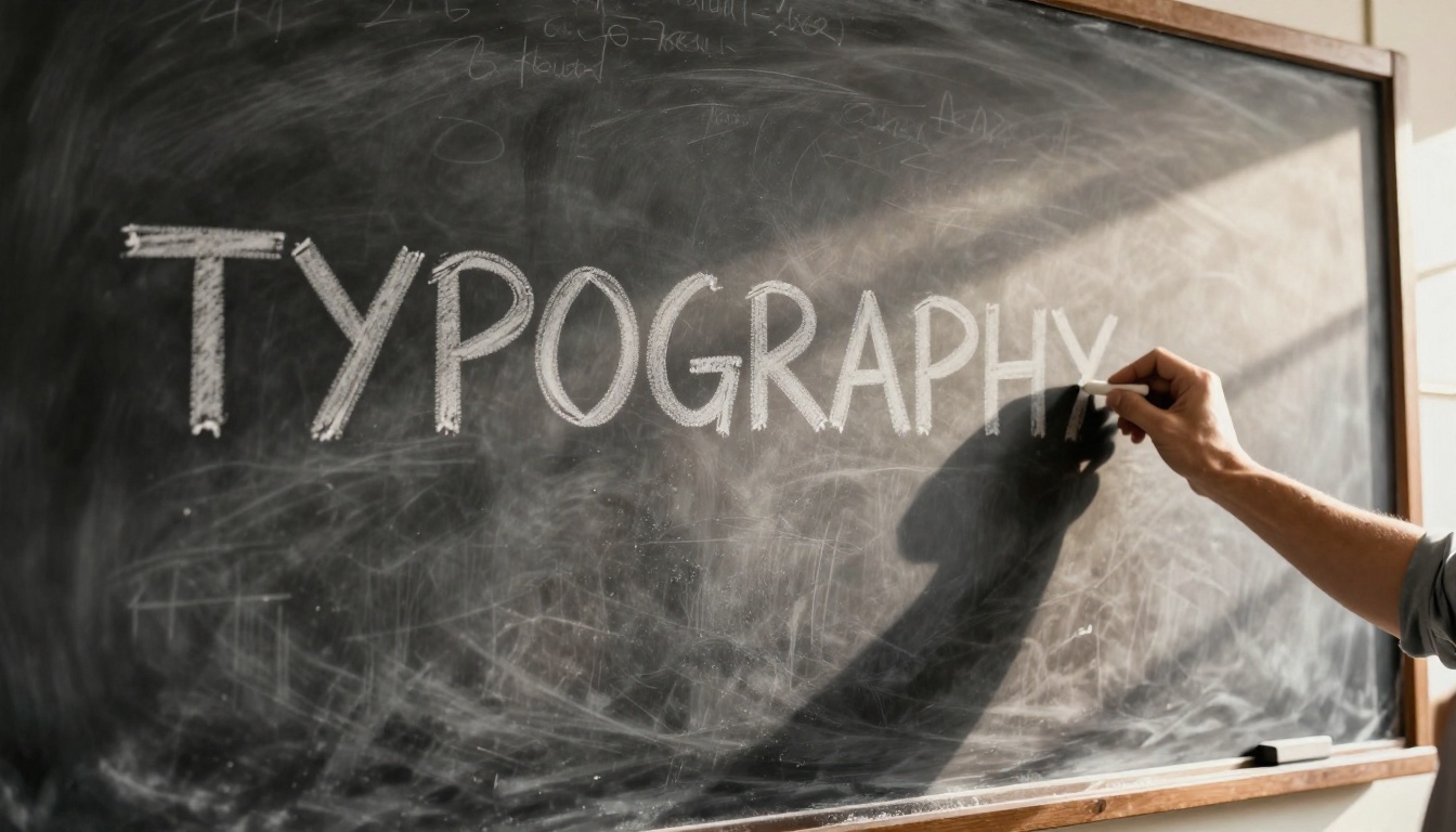 School blackboard with chalk lettering showing TYPOGRAPHY with chalk dust floating in warm afternoon sunlight