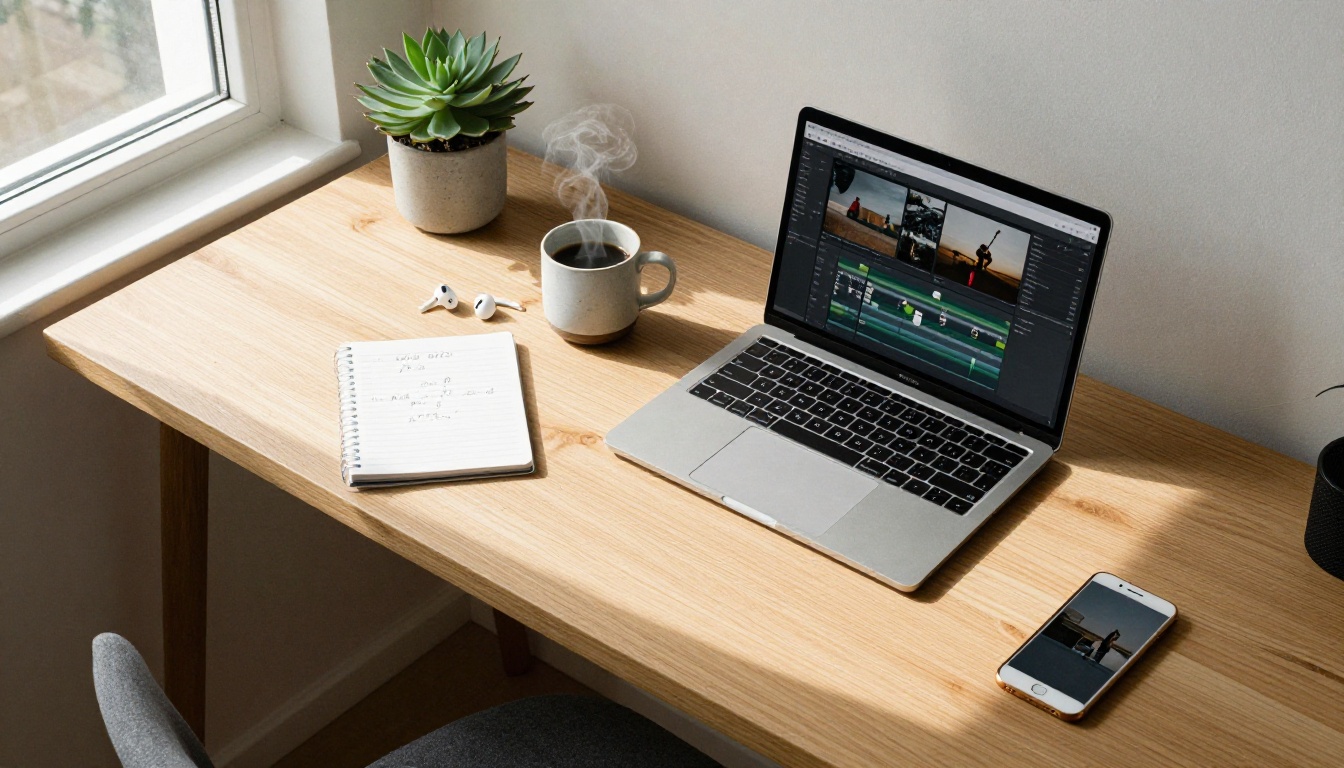 A creative workspace from above showing a laptop, earbuds, coffee, and notepad in morning light