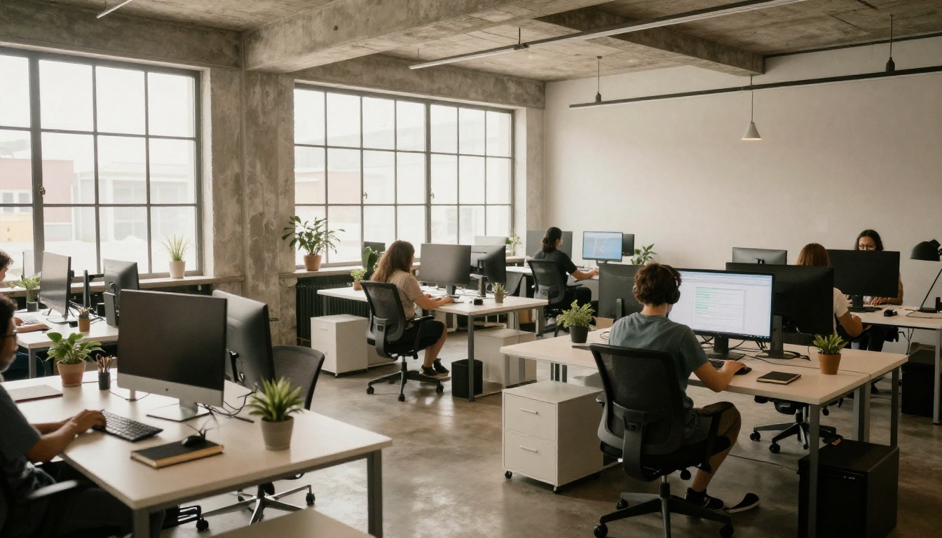 A modern open-plan design studio with designers at workstations, natural light streaming through industrial windows