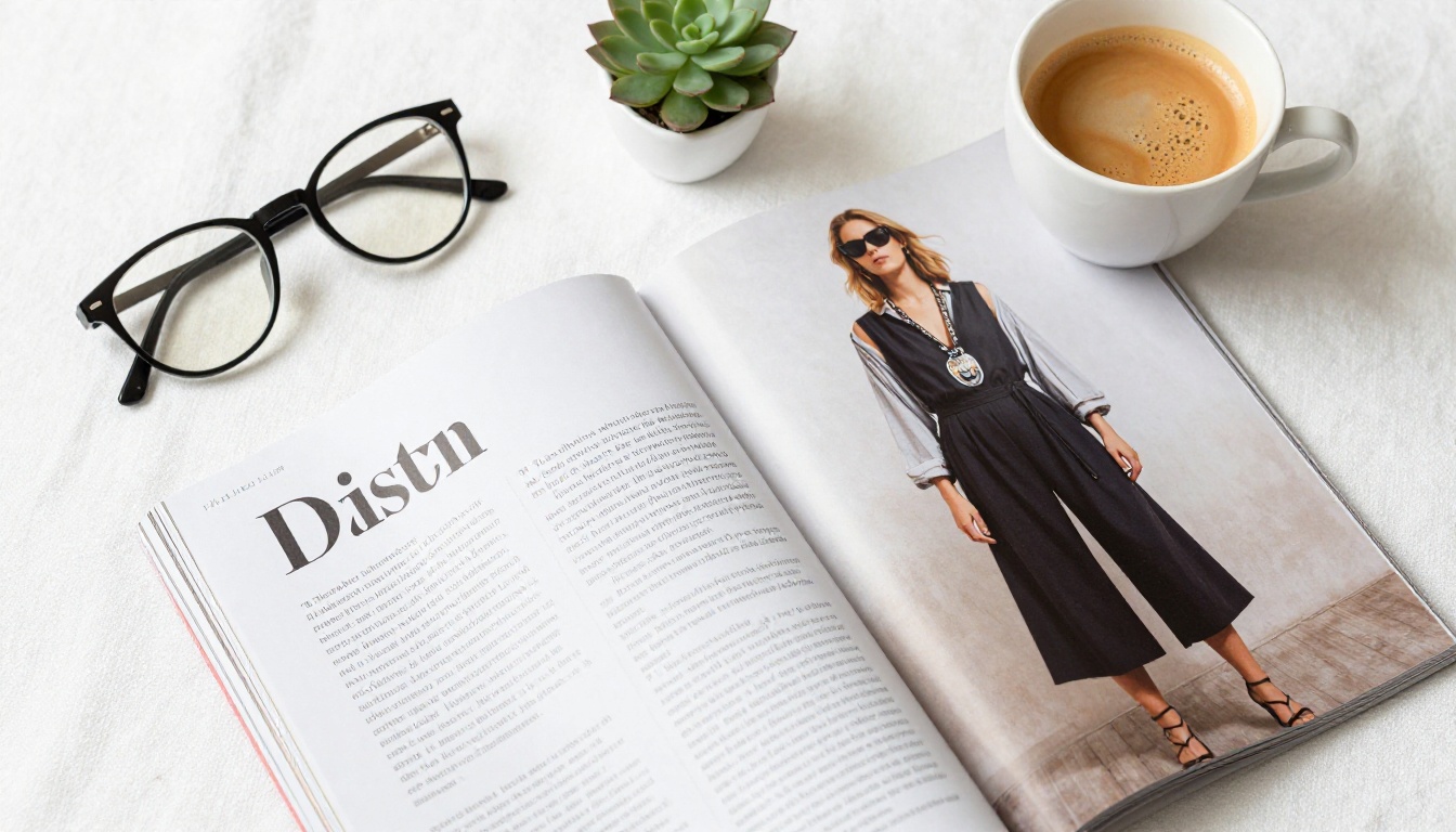 Glossy fashion magazine spread open on white linen with editorial typography alongside an espresso and succulent