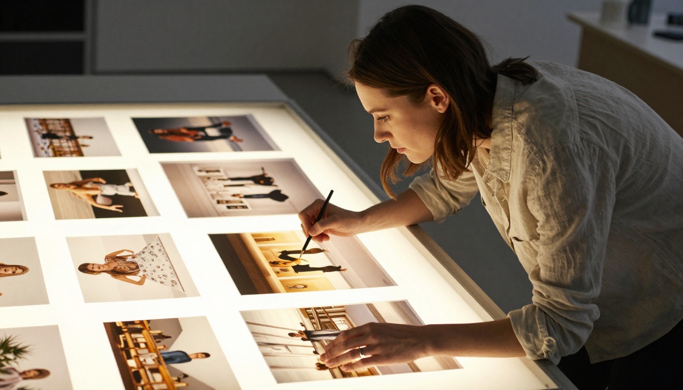 Female designer leaning over a lightbox table examining printed photographs, diffused studio light
