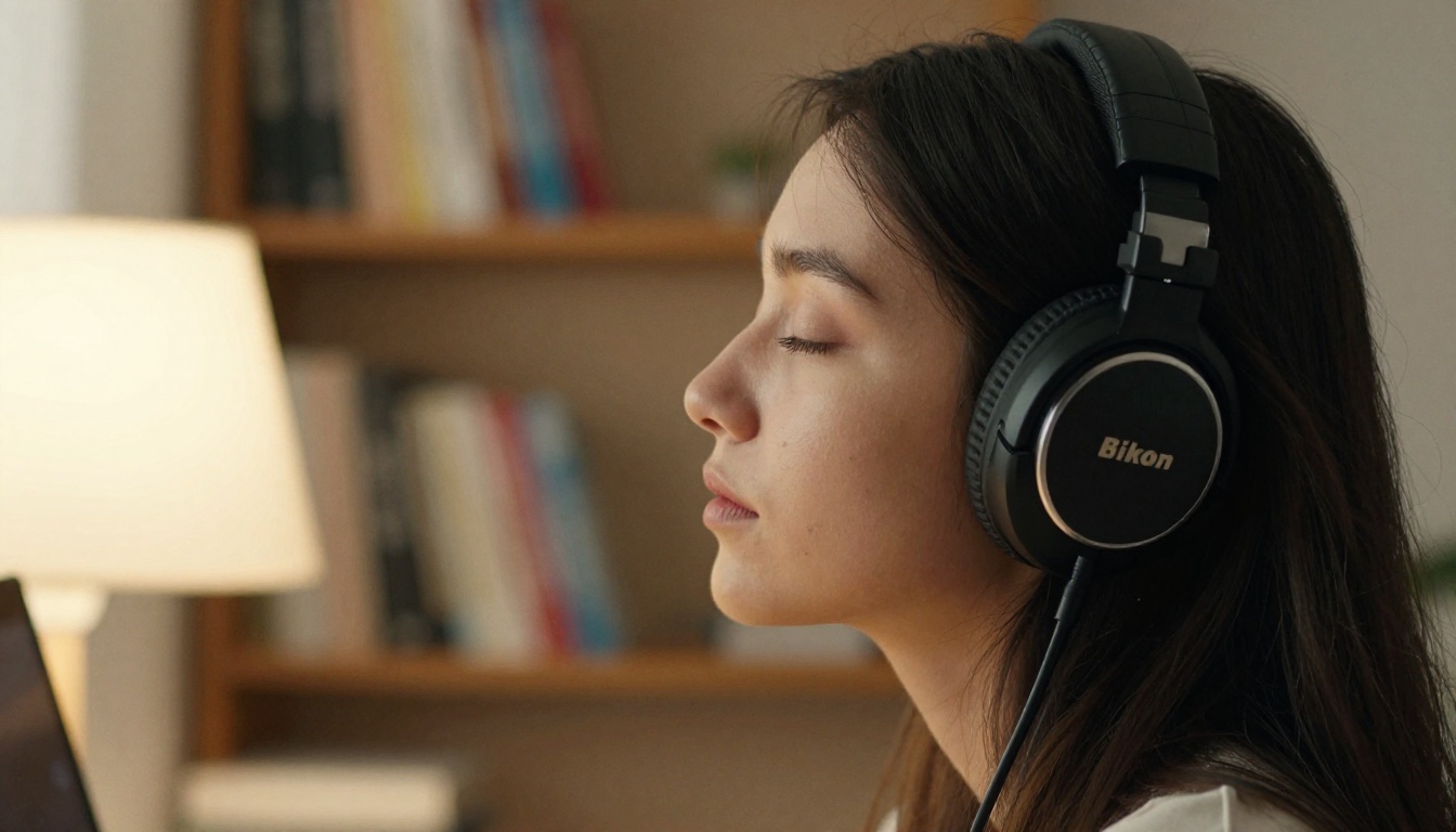 A woman wearing studio headphones listens intently in a warmly lit room