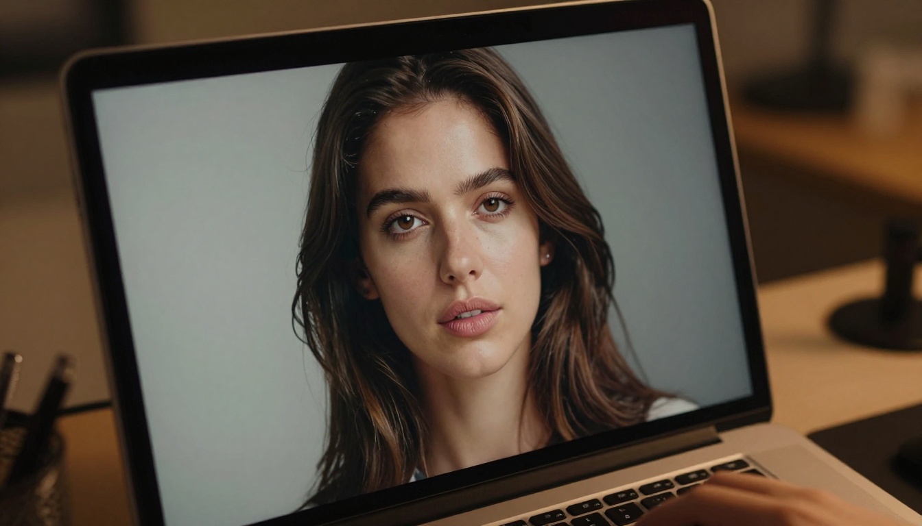 Extreme close-up of a professional monitor displaying a photorealistic AI-generated portrait, warm studio light reflected in the glass