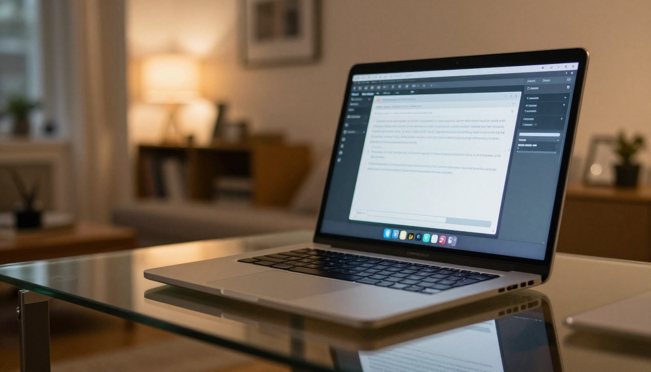 A laptop on a glass desk shows an AI video generation interface from a low angle
