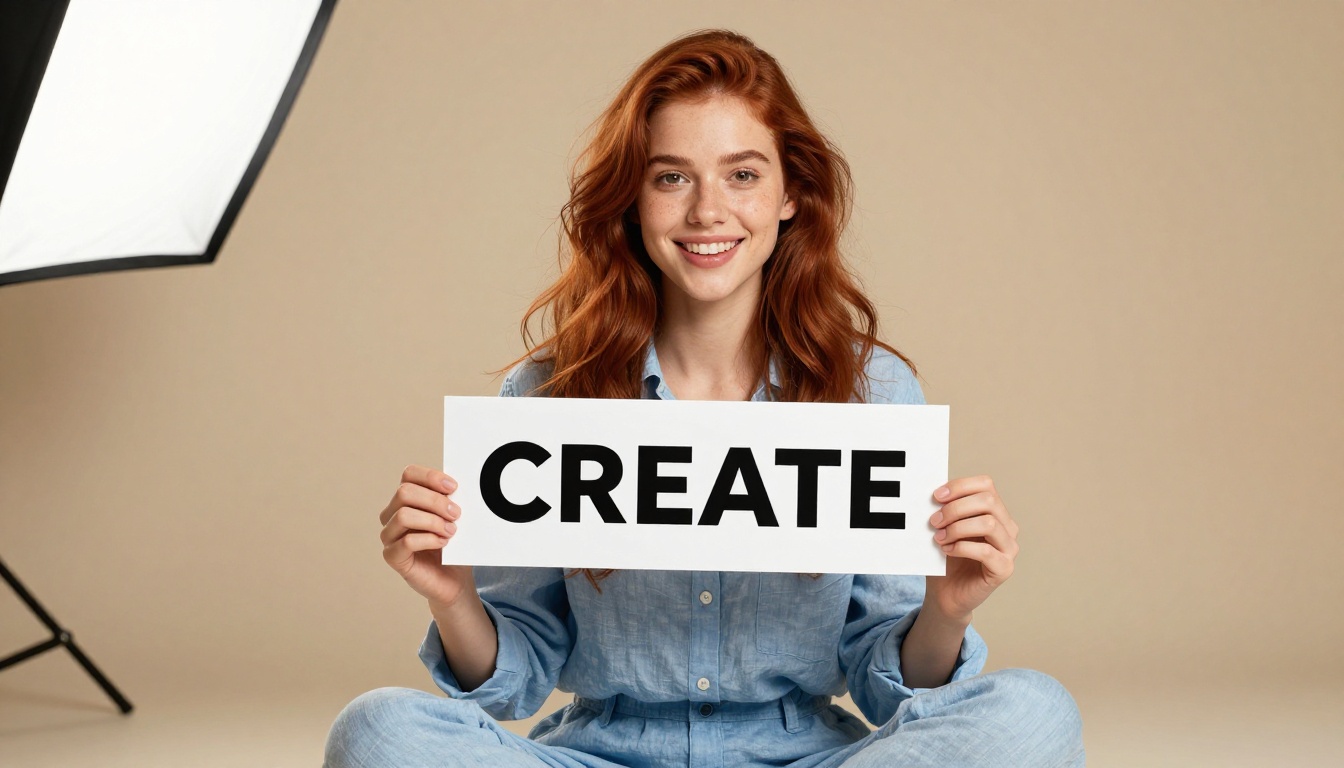 Beautiful young woman with auburn hair smiling while holding a bold CREATE card toward the camera in a bright studio