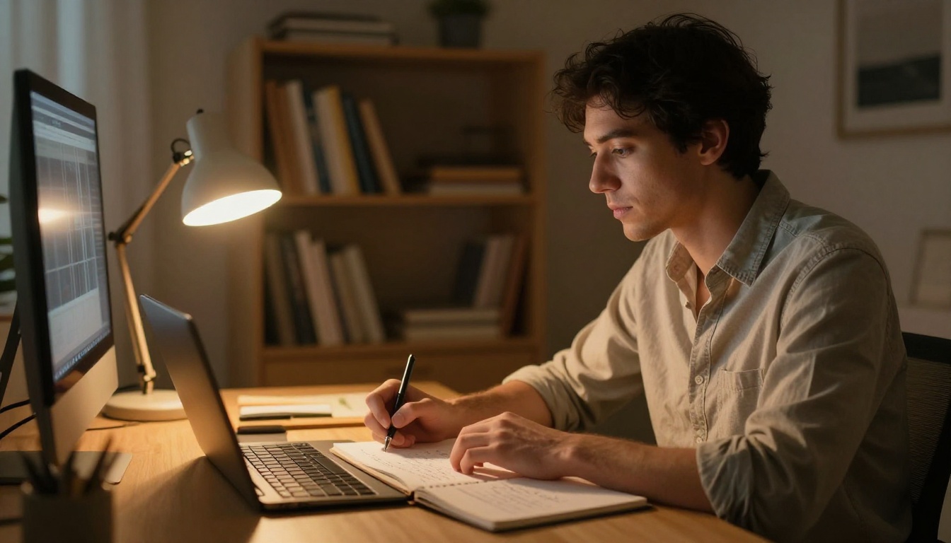 A professional designer in a minimalist home studio at dusk, warm amber desk lamp, face lit from screen glow