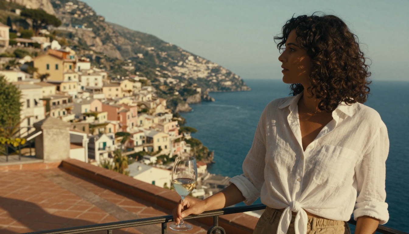 Woman on an Italian coastal balcony with curly dark hair, warm Amalfi afternoon light, Mediterranean vista