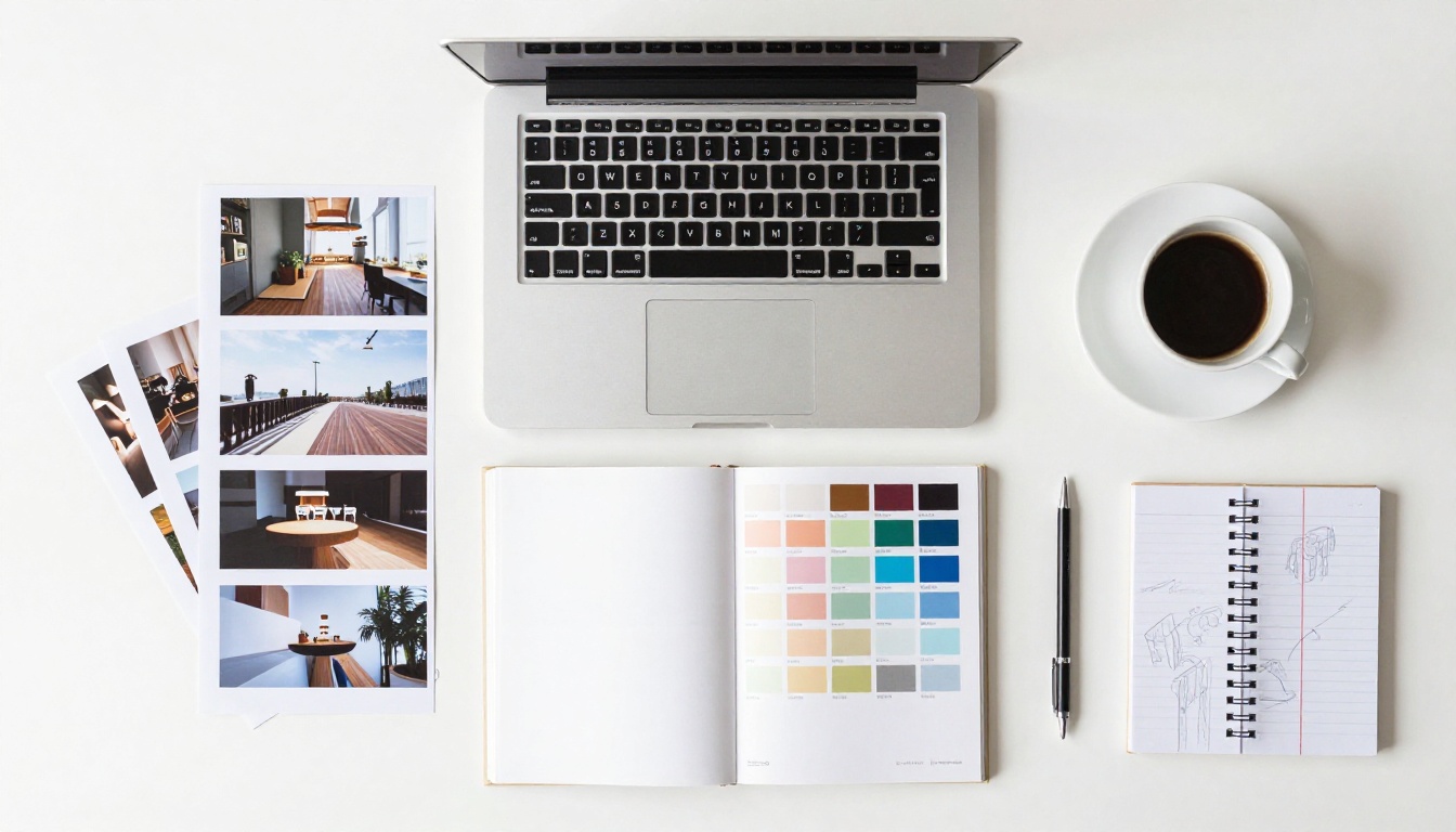 Overhead flat-lay of a designer's workspace with laptop, Pantone swatches, espresso cup, and printed photo sheets