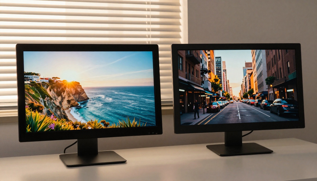 Two monitors side by side displaying different AI-generated video frames, cinematic lighting, professional photography