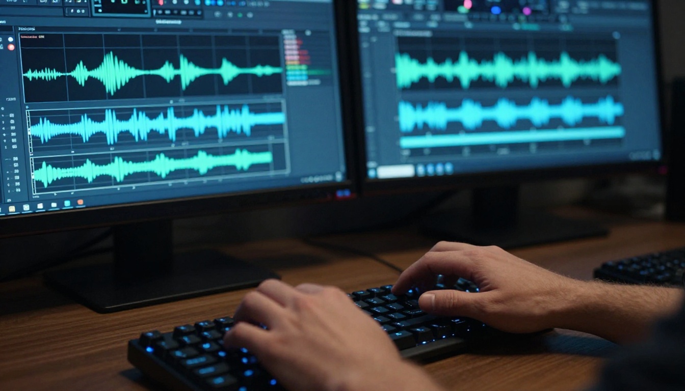 Professional video editor's hands on backlit keyboard in dark editing suite with dual monitors glowing blue
