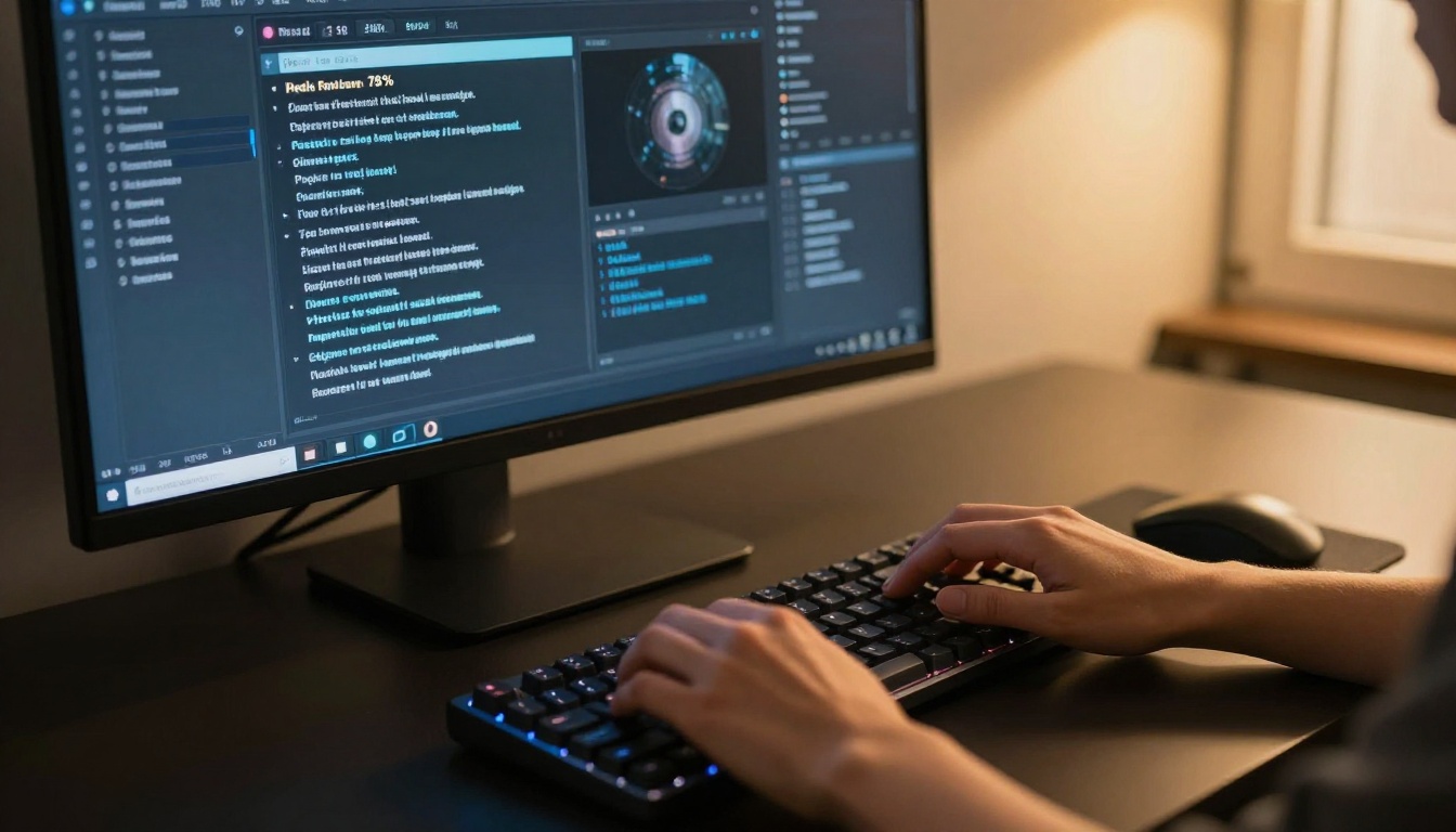 Creative professional woman hands typing on dark mechanical keyboard with AI video generation interface on ultrawide monitor