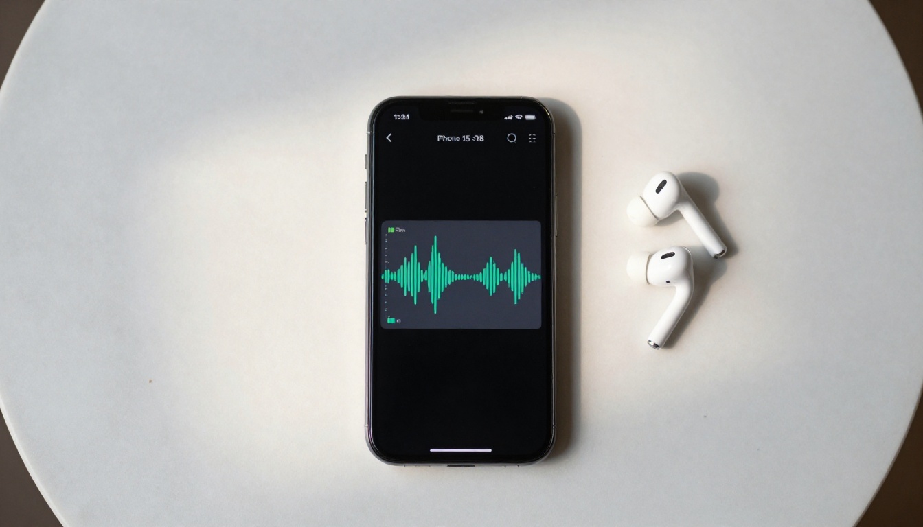 A smartphone on a white marble surface shows a video with audio waveform bars, AirPods alongside