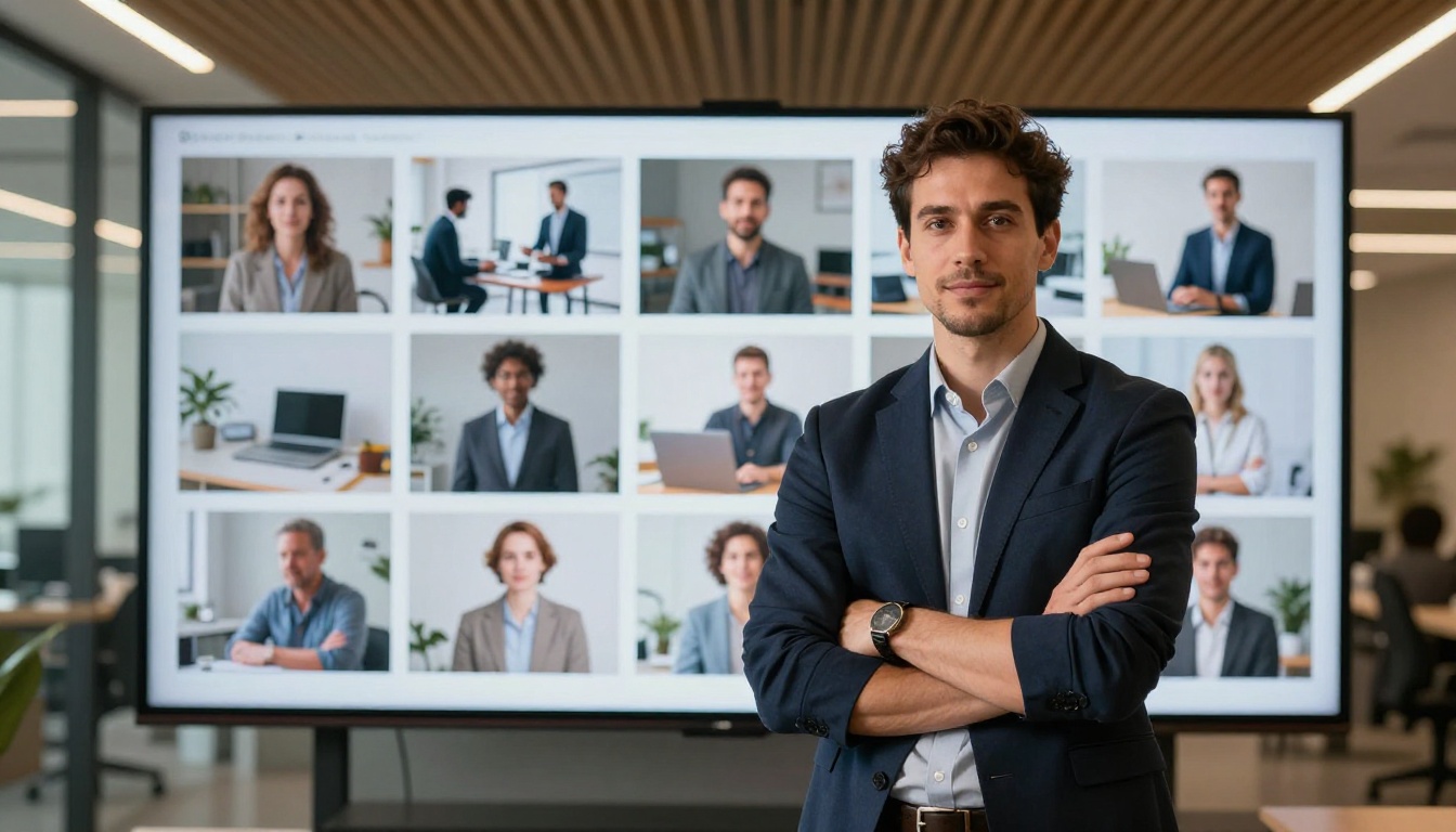 A confident male designer standing before a large digital display wall showing a grid of photorealistic AI-generated images