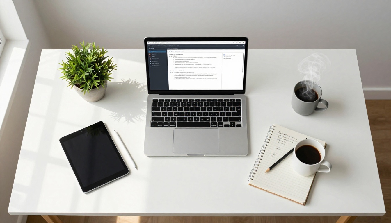 Creative AI workspace with video generation dashboard on laptop and overhead natural light