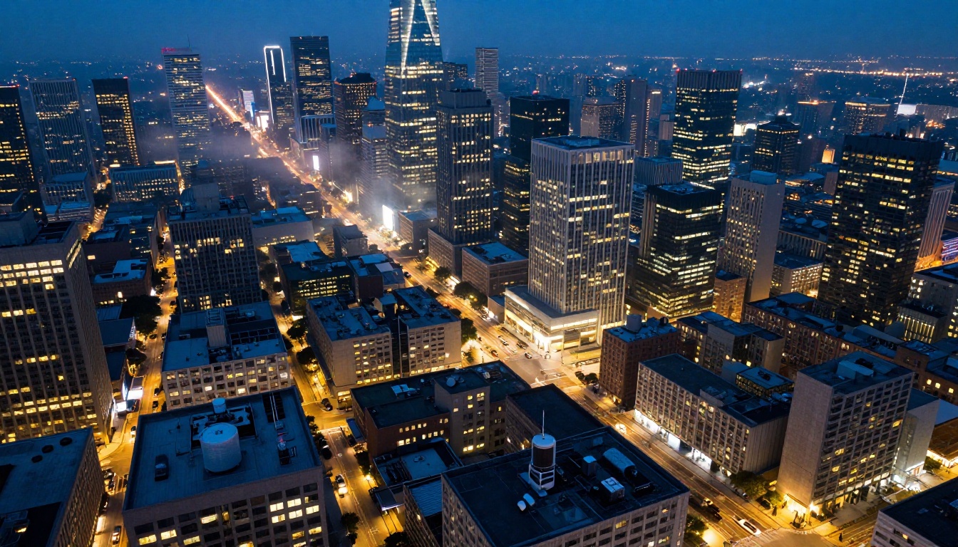 Aerial cityscape blue hour urban density