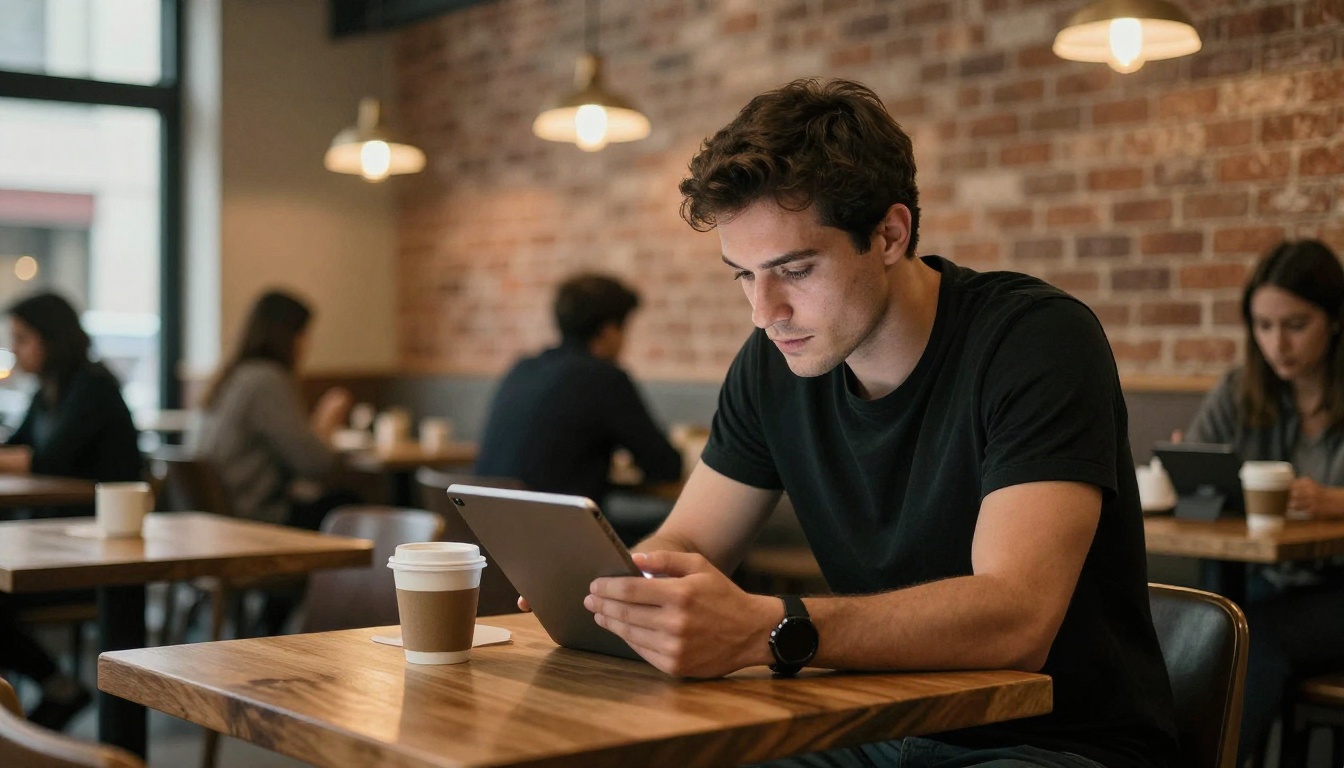 A man sits in a modern cafe reviewing content on a tablet, warm pendant light overhead