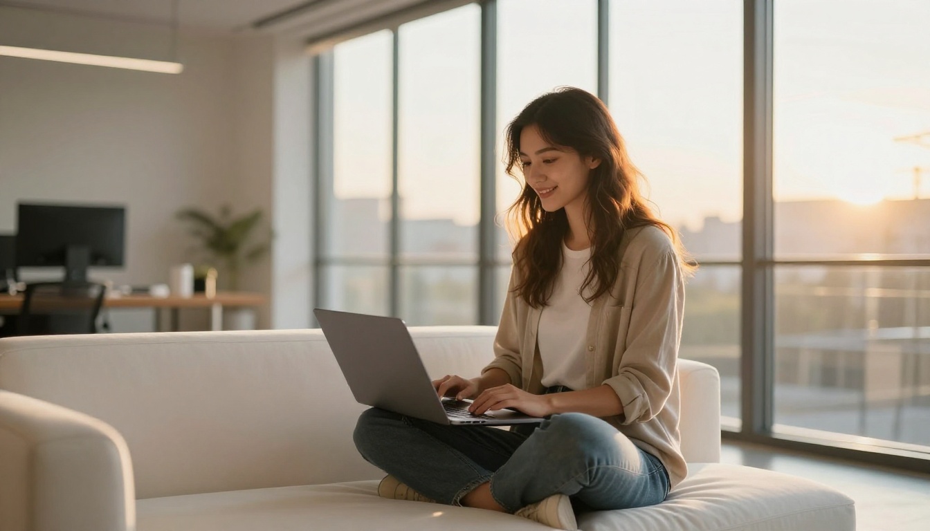 A young female designer sitting cross-legged on a minimal couch with a laptop, warm golden afternoon rim light from a floor-to-ceiling window