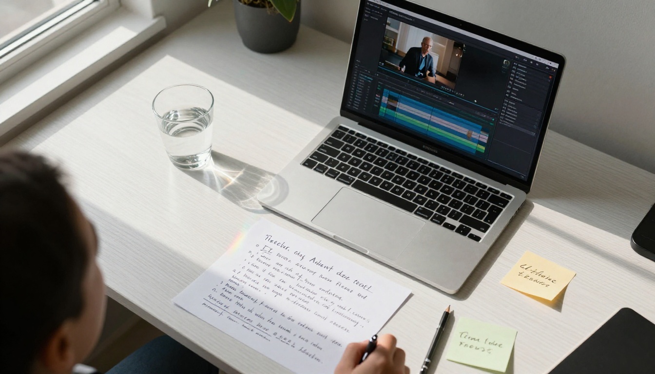 Aerial overhead shot of creative desk with MacBook Pro, handwritten notes comparing AI tools, water glass with light caustics