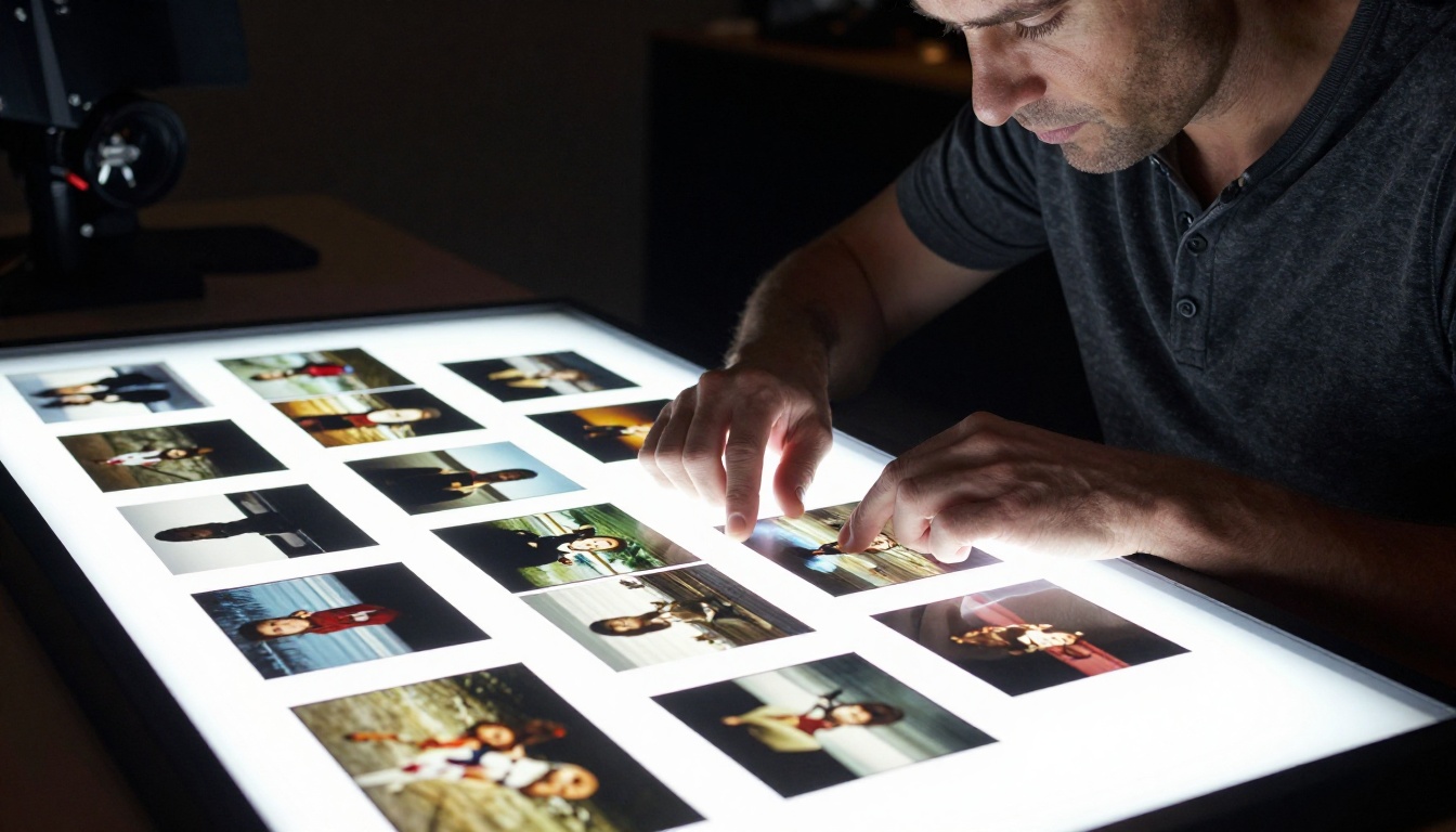 Professional video director examining printed video frame contact sheets on a glowing lightbox, cinematic tungsten lighting