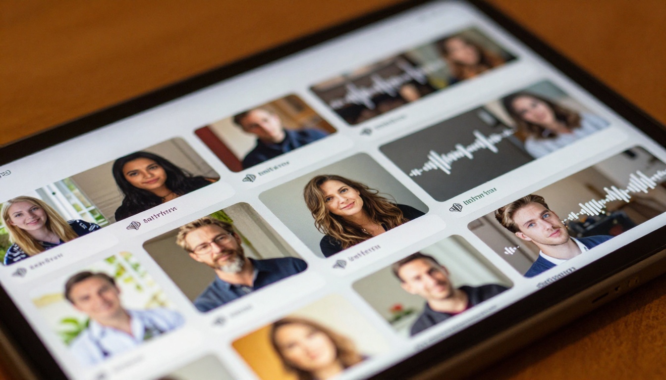 A close-up of a smartphone screen showing a grid of AI video thumbnails with audio waveform icons