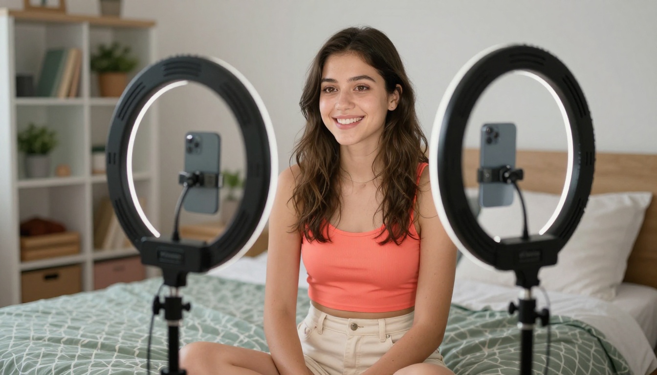 Young woman setting up TikTok recording in her bedroom with ring light
