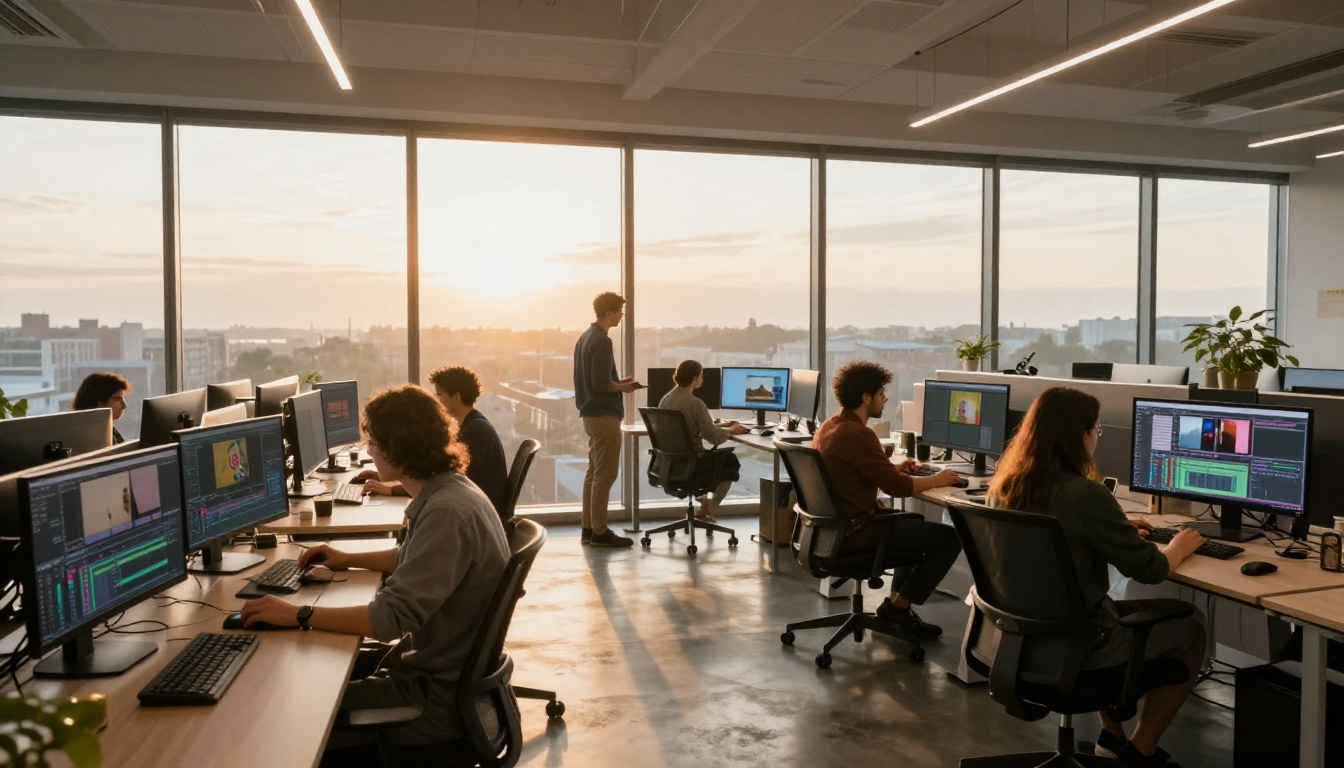 Wide shot of modern open-plan creative office with professionals collaborating around monitors showing video timelines, warm morning light