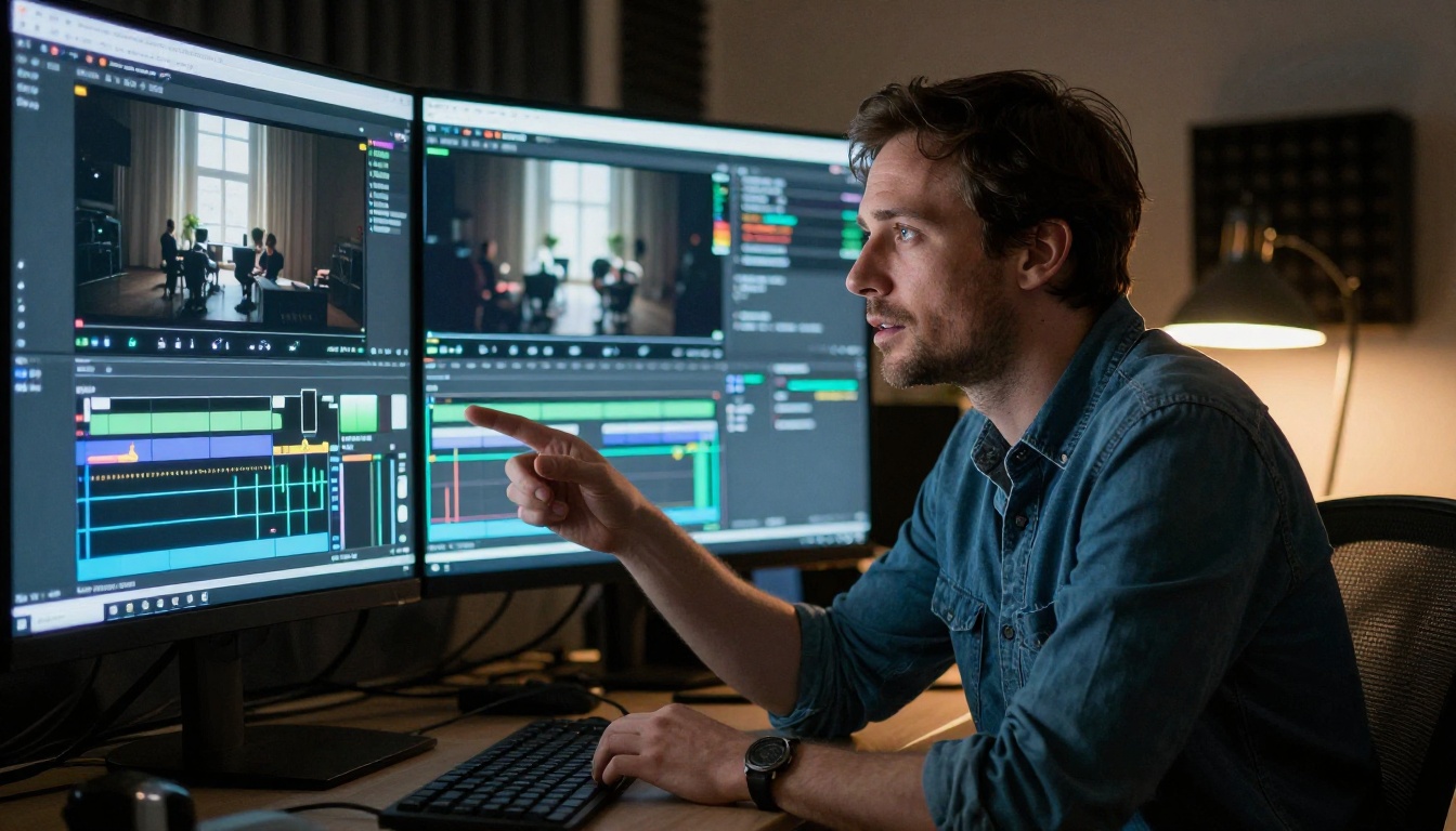 Male filmmaker in modern post-production suite reviewing video comparison panels on curved monitor