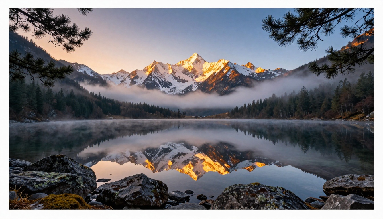 Alpine mountain lake sunrise photorealism