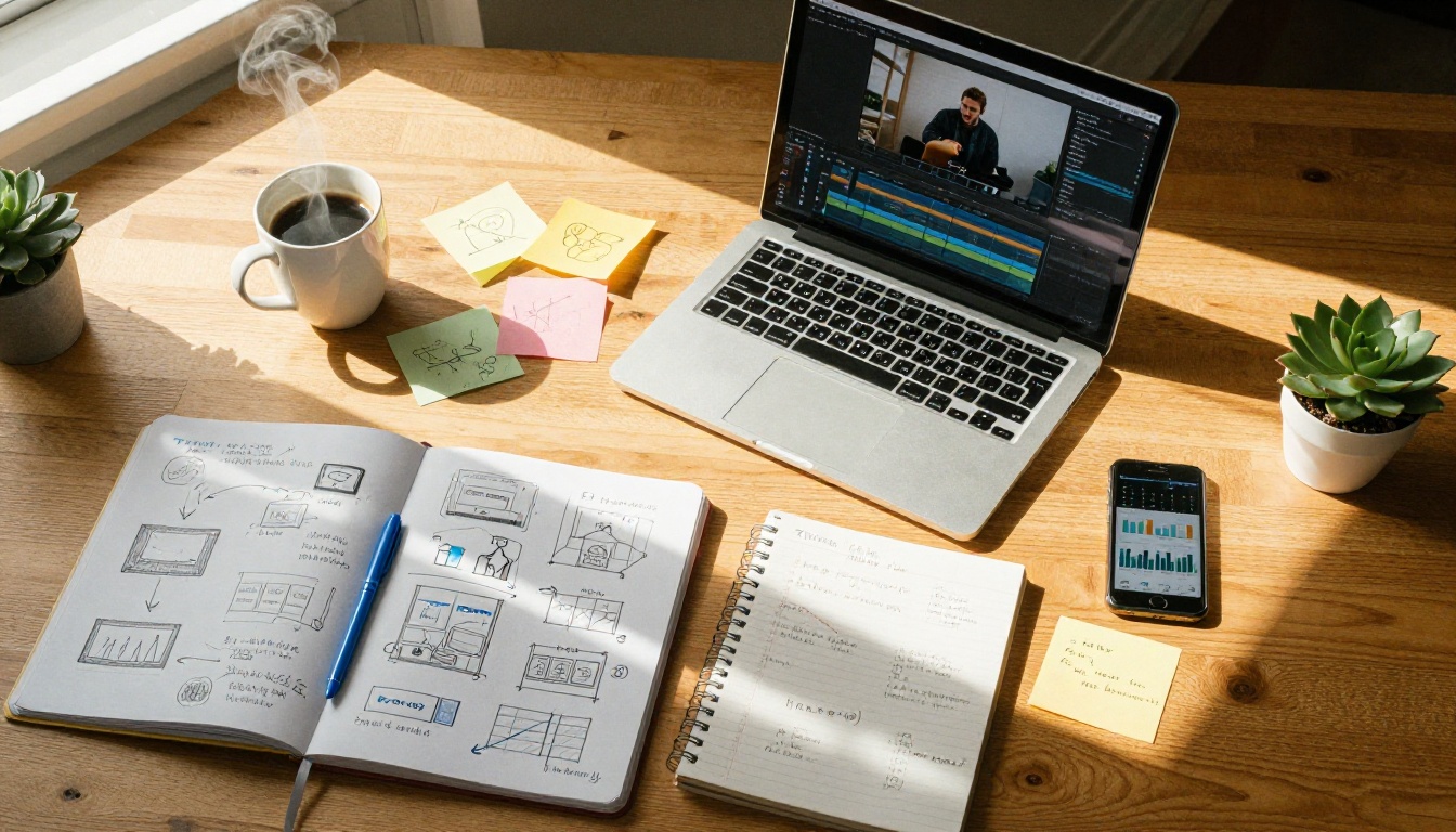 Content creator workspace flat-lay with laptop, notebooks, and coffee