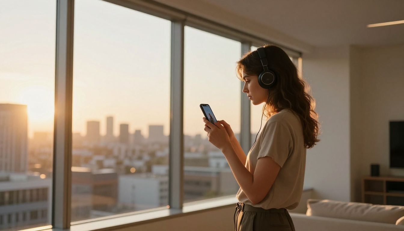 A woman stands by floor-to-ceiling windows in golden hour light, watching a video on her smartphone