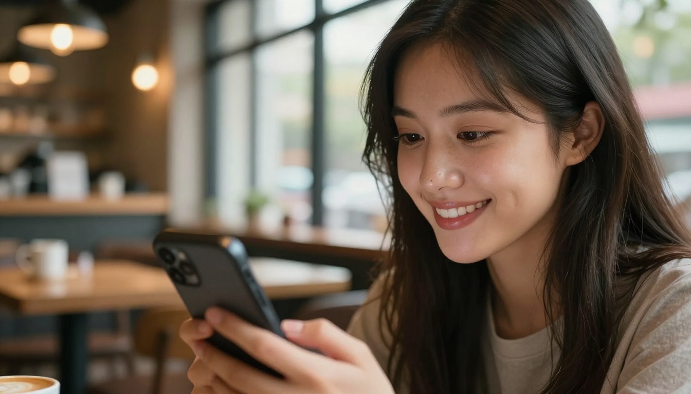 Close-up portrait of woman in cafe looking at AI video output on smartphone with warm side light