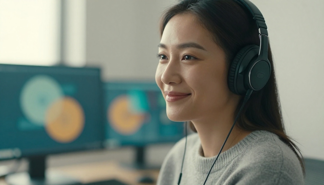 Close-up portrait of creative professional woman with headphones, warm Rembrandt window light, soft bokeh background