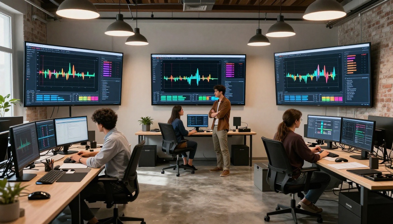 Wide modern tech studio with wall-mounted monitors showing AI video benchmark data and two professionals reviewing results