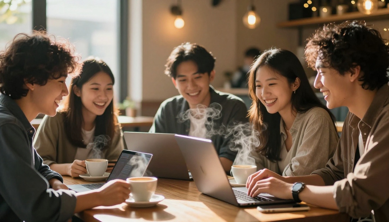Three young creators collaborating around a laptop in a sunlit cafe