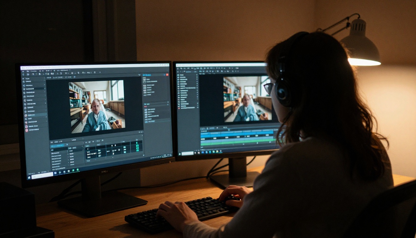A person works at a dual monitor setup, one screen showing AI video platform, the other a video preview