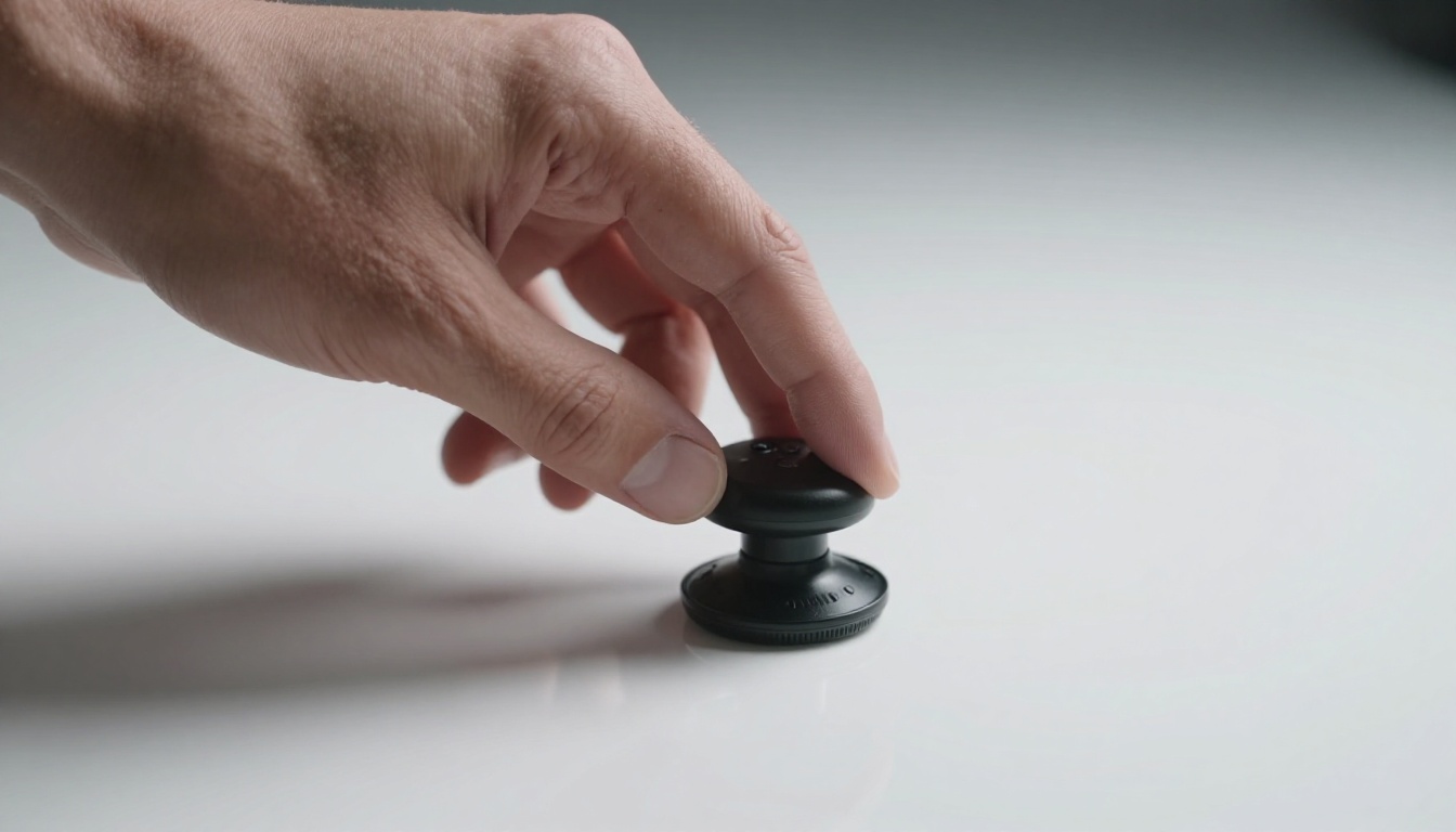 Low angle shot of hand operating joystick camera controller, diffused softbox light, high-fidelity fingerprint and surface texture detail